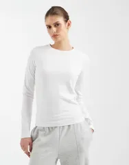 エイソス レディース トップス Tシャツ コットン ASOS DESIGN cotton long sleeve round neck top WHITE ホワイトのサムネイル