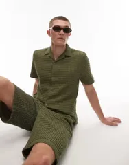 トップマン メンズ トップス シャツ Topman textured grid plaid green part of a set Khaki カーキのサムネイル
