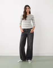 モンキ レディース トップス Tシャツ Vネック ジャージー Monki jersey vneck top stripes Gray green グレーのサムネイル