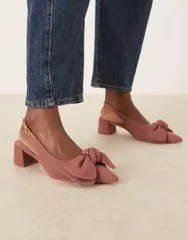 エイソス レディース シューズ ヒール ASOS DESIGN Symbol bow slingback mid block heeled shoes Dusty pink ピンクのサムネイル