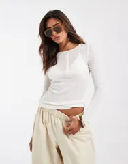 エイソス レディース トップス Tシャツ シアー ASOS DESIGN super sheer henley top in cream クリームのサムネイル