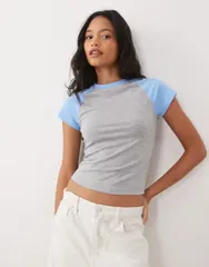 エイソス レディース トップス Tシャツ ASOS DESIGN baby raglan short sleeve Tshirt and Gray blue グレーのサムネイル