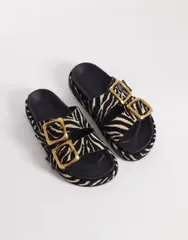 エイソス レディース シューズ サンダル ASOS DESIGN Floyd oversized buckle footbed sandals in zebraffia ZEBRAFFIA アニマルのサムネイル