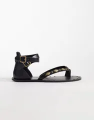 エイソス レディース シューズ サンダル ASOS DESIGN Ferristudded gladiator flat sandals Black ブラックのサムネイル