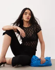 エイソス レディース トップス シャツ レース ASOS DESIGN lace baby tee Black ブラックのサムネイル
