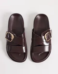 エイソス レディース シューズ サンダル ASOS DESIGN Wide Fit Freeway double strap slides in chocolate チョコレートのサムネイル