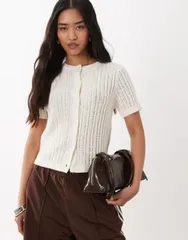 マンゴ レディース アウター カーディガン コットン ニット Mango cotton rich knit short sleeve cardigan in cream クリームのサムネイル