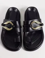 エイソス レディース シューズ サンダル ASOS DESIGN Francisco footbed sandals with metal trim Black ブラックのサムネイル