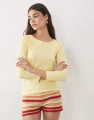 エイソス レディース トップス Tシャツ ASOS DESIGN boat neck 34 sleeve top in pastel yellow Pastel Yellow イエローのサムネイル