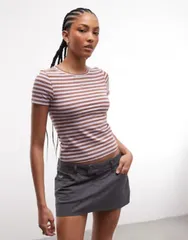 モンキ レディース トップス Tシャツ スリムフィット Monki slim fitshirt stripe Purple stripe パープルのサムネイル