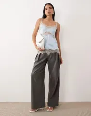 エイソス レディース トップス シャツ レーストリム サテン レース ASOS DESIGN satin lace trim long line cami top Blue ブルーのサムネイル