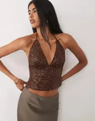 エイソス レディース トップス シャツ 背中開き スパンコール ホルター ASOS DESIGN sequin backless halter neck top in chocolate チョコレートのサムネイル