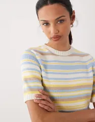 エイソス レディース トップス Tシャツ コットン ニット ASOS DESIGN knit cotton blend top in buttermilk stripes Buttermilk strのサムネイル