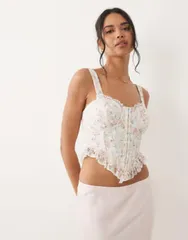 エイソス レディース トップス シャツ フリル裾 フラワー柄 フリル レース フラワー ASOS DESIGN floralace corsetop with ruffle hem floral Piのサムネイル