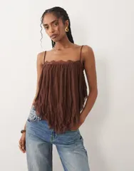 エイソス レディース トップス シャツ レーストリム レース ASOS DESIGN crinkle floaty cami top with lace trim in chocolate チョコレーのサムネイル