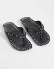 エイソス レディース シューズ サンダル レザー ASOS DESIGN Fisher premium grommet flip flop sandals leather BLACK LEATHERのサムネイル