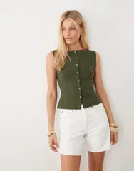エイソス レディース トップス Tシャツ ASOS DESIGN button up boat neck tan khaki カーキのサムネイル