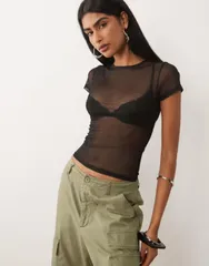 エイソス レディース トップス シャツ メッシュ シアー ASOS DESIGN sheer mesh baby tee Black ブラックのサムネイル