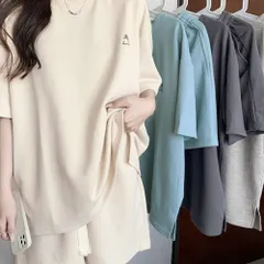 ワンポイントロゴTシャツセットアップ夏服 ゆったり半袖トップス ショートパンツ上下セット リラックスルームウェア カジュアル ワンマイルウェア 韓国風 大人可愛い 体型カバーt着やせ 楽ちんセットアップ ハイウエスト短パンのサムネイル