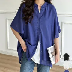 シアーシャツブラウス バンドカラー韓国風 レディース 羽織りシャツ半袖 フレアスリーブブラウス ゆったりトップス薄手 体型カバー 涼しげブラウス前開き五分袖 無地 冷房対策ブラウス夏 オーバーサイズ大人 カーディガン着やせのサムネイル