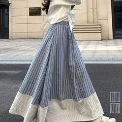 ストライプ柄ロングスカートフレアスカート ボリュームスカート Aライン レディース 配色切り替え お出かけ おしゃれスカート ゆったり体型カバーハイウエスト韓国風 ウエストゴム着やせ 大人マキシスカート 春夏秋新作ボトムスのサムネイル