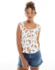エイソス レディース トップス Tシャツ プリント ASOS DESIGN broderie button up milkmaid top in orange print Orange print オのサムネイル