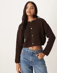 エイソス レディース アウター カーディガン クルーネック リブ ASOS DESIGN crew neck ribbed cardigan in chocolate Chocolate チョコレートのサムネイル