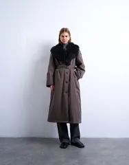 トップショップ レディース アウター コート Topshop trench coat with Afghan faux fur collar and cuffs BROWN ブラウンのサムネイル