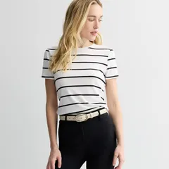 ナインウェスト レディース トップス Tシャツ クルーネック リブ Womens Nine West Fitted Ribbed Crewneck Top White Lara Stripe ホワイトのサムネイル