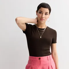 ナインウェスト レディース トップス Tシャツ クルーネック リブ Womens Nine West Fitted Ribbed Crewneck Top Chocolate Brown ブラウンのサムネイル