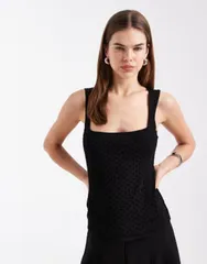 エイソス レディース トップス シャツ ASOS DESIGN flocked soft square neck cami top Black ブラックのサムネイル