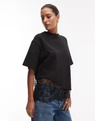 エイソス レディース トップス Tシャツ レース ASOS DESIGN short sleeve Tshirt with lace hem detail Black ブラックのサムネイル