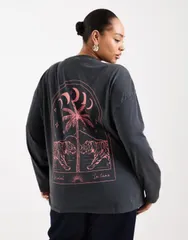 エイソス レディース トップス Tシャツ グラフィック ASOS Curve ASOS DESIGN Curve long sleeve Tshirt with moon and tiger grapのサムネイル