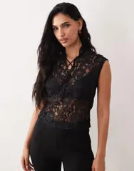 エイソス レディース トップス シャツ レース ASOS DESIGN lace up lace top Black ブラックのサムネイル