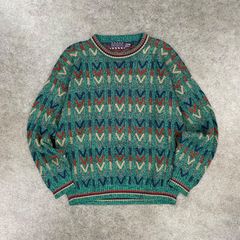 USA製 90s Vintage AMERICAN PRIORITY Pattern Sweater アメリカンプライオリティセーターズ パターン ニット セーター クルーネック 幾何学柄 総柄 グリーン L ヴィンテージ ビンテージのサムネイル