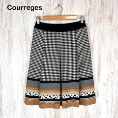 Courreges クレージュ チェック ドット ひざ丈 プリーツスカート ブラック 総柄