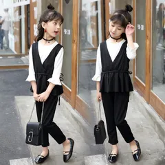 再入荷 子供スーツ 女の子 セットアップ フォーマル 長袖 入学式 パンツスーツ トップス ズボン ベスト 子供服 ジュニア 大人っぽい 卒業式 結婚式 発表会 演奏会 七五三 春秋 3点セット 上下セット 普段着 ブラック カーキのサムネイル