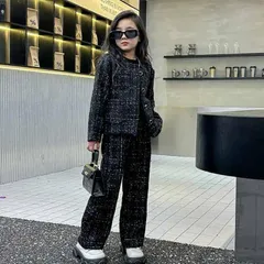 再入荷 卒業式 韓国 160 子供服 トップス セットアップ パンツスーツ ツイード柄ワイドパンツスーツ スーツ スーツ 女の子 入学式 キッズ 発表会 女の子 パンツ 卒服 2点セット 春 秋 フォーマルスーツ 大人っぽい パンツスーツのサムネイル
