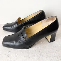 【極美品】銀座かねまつ GINZA Kanematsu ローファー パンプス ブラック 黒 レザー 黒 スクエアトゥ チャンキーヒール 太ヒール ミドルヒール フォーマル ビジネス オフィス 通勤 冠婚葬祭 きれいめ 上品 シンプル コインローファーのサムネイル