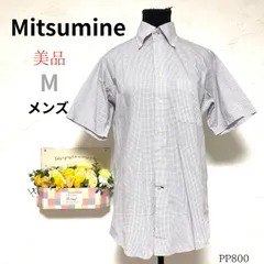 ★Mitsumine（ミツミネ）★ M 白系 メンズ 美品 Yシャツ 平織り チェック 綿混 ボタンダウン 半袖 ビジネス きれいめ お出かけのサムネイル