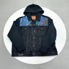 LEVI'S リーバイス ブラックデニム フード ジャケット バックプリント ウナ(EUNHA) ペインティング 韓国国内唯一実物 XL 110のサムネイル