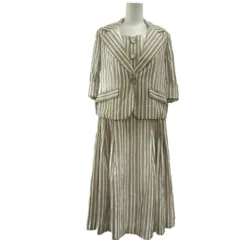 ランバン LANVIN セットアップ 38 ジャケット ワンピース ロング丈 ベージュ ホワイト ストライプ柄 七分袖 襟付き ECA004 /KV ■ECA004のサムネイル