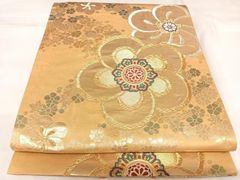 A5 蝶 花々 唐草 松 花菱 橘 金糸 オレンジ 正絹 六通 袋帯 フォーマル