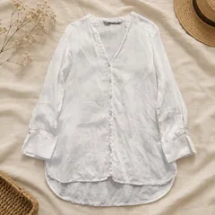 ZARA BASIC リネン100% Vネック シャツ ブラウス 白 S スペイン製 長袖 春夏 ナチュラルのサムネイル