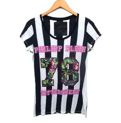 フィリッププレイン PHILIPP PLEIN ストライプ Tシャツ カットソー 半袖 オーバルネック ロゴ ラインストーン コットン 綿 S ブラック 黒 ホワイト 白 /FT ■GY12のサムネイル