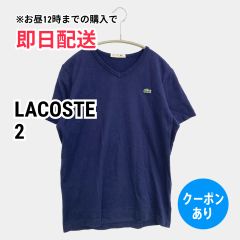 LACOSTE ラコステ Tシャツ/カットソー 2 ネイビー 無地 ワンポイント ブランドロゴ ミドル丈 半袖 Vネック レディース