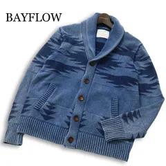BAYFLOW ベイフロー ウォッシュ加工★ ネイティブ柄 ショールカラー インディゴ コットン ニット カーディガン Sz.3 メンズのサムネイル