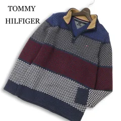 TOMMY HILFIGER トミーヒルフィガー ウール混 襟ボア ロゴ刺繍 ハーフジップ ボーダー セーター 大きいサイズ Sz.XL メンズのサムネイル