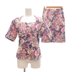 ローラアシュレイ LAURA ASHLEY スーツ セットアップ ジャケット スカート 膝丈 9 ピンク 紫 パープル マルチカラー 花柄 スクエアネック 半袖 /SX ■ECF007のサムネイル