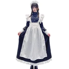 YIUHK メイド服 英國風 ロング ロリータ コスプレ ハロウィン 仮装 レディース ワンピース エプロン イベント クラシカル 長袖 カチューシャ ニーハイソックス付き 4点セット (XL)のサムネイル